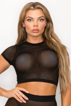 Women's Sheer Short Sleeves Fishnet Crop Top -Selected Women's Clothing Store SML650 BLK
