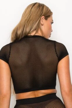 Women's Sheer Short Sleeves Fishnet Crop Top -Selected Women's Clothing Store SML650 BLK 3