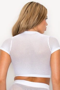 Women's Sheer Short Sleeves Fishnet Crop Top -Selected Women's Clothing Store SML650 WHT 3