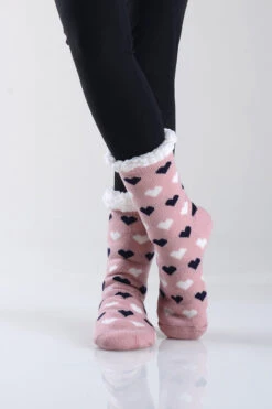 Hearts Printed Faux Sherpa Thermal Slipper Socks -Selected Women's Clothing Store TMSK040 01 2