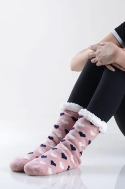 Hearts Printed Faux Sherpa Thermal Slipper Socks