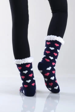 Hearts Printed Faux Sherpa Thermal Slipper Socks -Selected Women's Clothing Store TMSK040 04