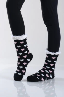 Hearts Printed Faux Sherpa Thermal Slipper Socks -Selected Women's Clothing Store TMSK040 05
