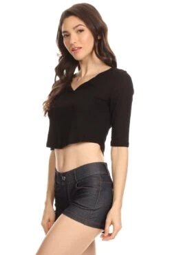 Ribbed Crop Half Sleeve Top -Selected Women's Clothing Store TP1032 BLK