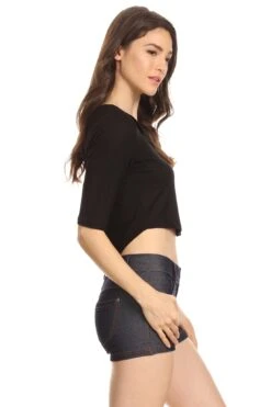 Ribbed Crop Half Sleeve Top -Selected Women's Clothing Store TP1032 BLK 3