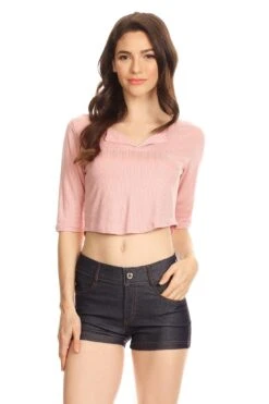 Ribbed Crop Half Sleeve Top -Selected Women's Clothing Store TP1032 MAU
