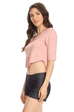 Ribbed Crop Half Sleeve Top -Selected Women's Clothing Store TP1032 MAU 2