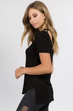 Strappy Back Short Sleeve T-Shirt -Selected Women's Clothing Store TP1066 BLK