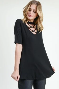 Strappy Choker Neck Detail Short Sleeve Top -Selected Women's Clothing Store TP2040 BLK 3 c21ef060 fb9a 4926 9c18 d745aff8b3e4