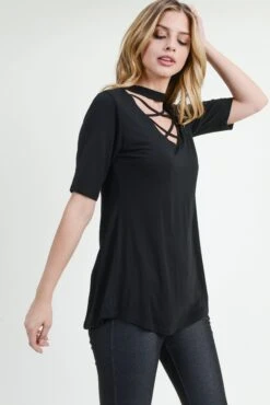 Strappy Choker Neck Detail Short Sleeve Top -Selected Women's Clothing Store TP2040 BLK 4 18cefb8b bfcd 41c5 b704 7afd031b740c