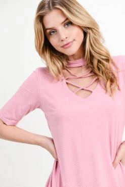 Strappy Choker Neck Detail Short Sleeve Top -Selected Women's Clothing Store TP2040 DSR 5