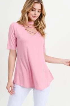 Strappy Choker Neck Detail Short Sleeve Top -Selected Women's Clothing Store TP2040 DSR dee88988 af82 4ad3 818a 1299fb77e694