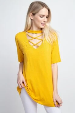 Strappy Choker Neck Detail Short Sleeve Top -Selected Women's Clothing Store TP2040 MUS