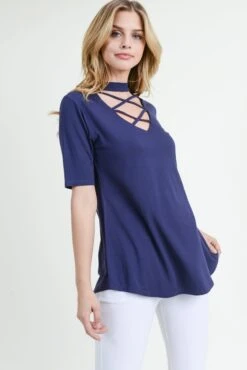 Strappy Choker Neck Detail Short Sleeve Top -Selected Women's Clothing Store TP2040 NAV 2