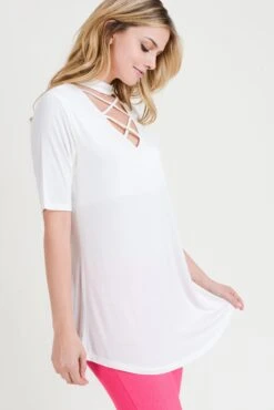 Strappy Choker Neck Detail Short Sleeve Top -Selected Women's Clothing Store TP2040 WHT 3