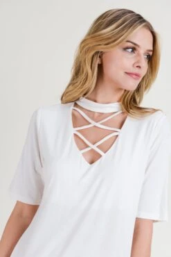 Strappy Choker Neck Detail Short Sleeve Top -Selected Women's Clothing Store TP2040 WHT 6