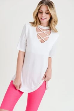 Strappy Choker Neck Detail Short Sleeve Top -Selected Women's Clothing Store TP2040 WHT 9f006fd4 0ad6 4fb6 9f68 9a0f6e931b25