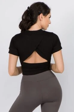 Women's Surplice Cutout Back Crop Top -Selected Women's Clothing Store TP2085 BLK 564b8c5f 5357 40c6 8a2b ad1bf280a272