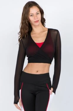 &New Active Long Sleeve Wrap Mesh Crop Top -Selected Women's Clothing Store TP2099 BLK 9d020e1d 470e 4905 b033 6e92fa92bc1c
