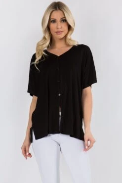 Basic Button Up Short Sleeve Top -Selected Women's Clothing Store TP2249 BLK