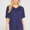 Basic Button Up Short Sleeve Top -Selected Women's Clothing Store TP2249 NAV