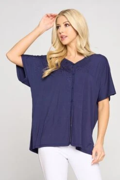 Basic Button Up Short Sleeve Top -Selected Women's Clothing Store TP2249 NAV 4
