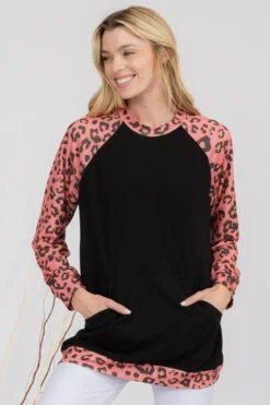 Blushing Leopard Print Long Sleeve Crewneck Top -Selected Women's Clothing Store TP2265 FUS1