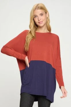 &New Simple Colorblock Long Sleeve Top -Selected Women's Clothing Store TP2266 RSTNAV1