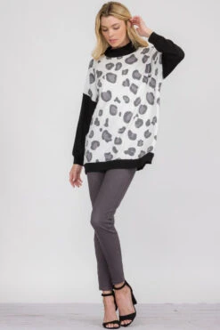 Scattered Leopard Print Mock Neck Sweater -Selected Women's Clothing Store TP2274 WHT8