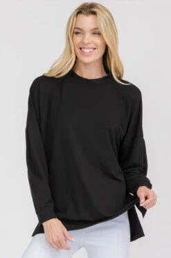 &New Solid Crewneck Long Sleeve Top -Selected Women's Clothing Store TP2276 BLK1