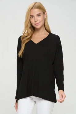 Basic V-Neck Solid Long Sleeve Top -Selected Women's Clothing Store TP2279 BLK1