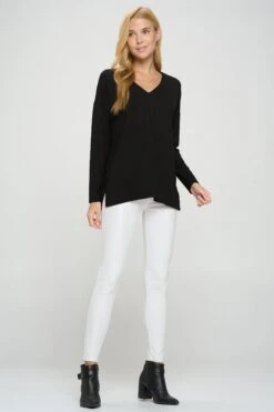 Basic V-Neck Solid Long Sleeve Top -Selected Women's Clothing Store TP2279 BLK6