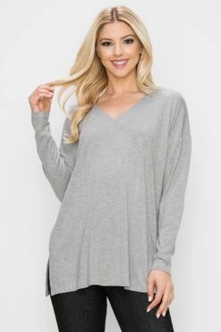 Basic V-Neck Solid Long Sleeve Top -Selected Women's Clothing Store TP2279 HGR1