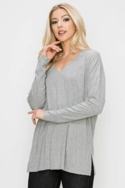 Basic V-Neck Solid Long Sleeve Top -Selected Women's Clothing Store TP2279 HGR3