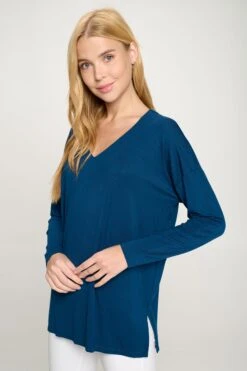 Basic V-Neck Solid Long Sleeve Top -Selected Women's Clothing Store TP2279 TEL3