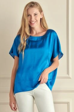 Women’s Satin Short-Sleeve Blouse -Selected Women's Clothing Store TP2287 BLU