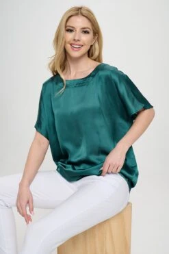 Women’s Satin Short-Sleeve Blouse -Selected Women's Clothing Store TP2287 GRN