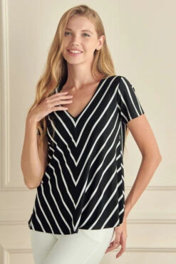 Women’s Striped V-neck Top -Selected Women's Clothing Store TP2505 BLK l
