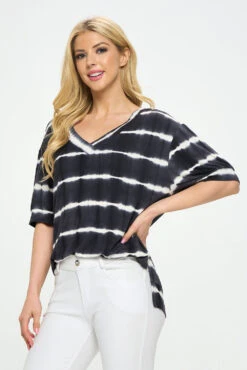 Tie-Dye Striped Short Sleeve Top -Selected Women's Clothing Store TP2507 BLK 4