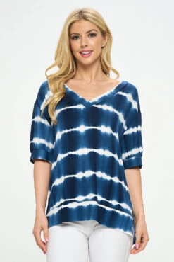 Tie-Dye Striped Short Sleeve Top -Selected Women's Clothing Store TP2507 NAV