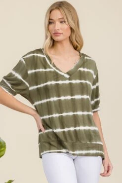 Tie-Dye Striped Short Sleeve Top -Selected Women's Clothing Store TP2507 olv