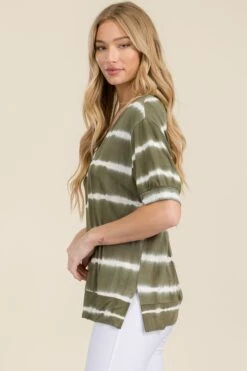Tie-Dye Striped Short Sleeve Top -Selected Women's Clothing Store TP2507 olv 2