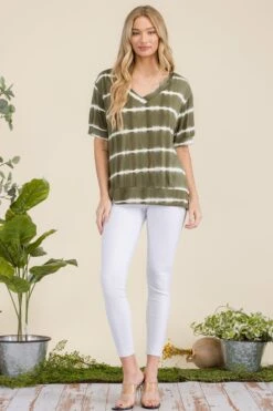 Tie-Dye Striped Short Sleeve Top -Selected Women's Clothing Store TP2507 olv 4
