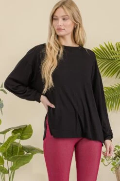 Women's Ribbed Long Sleeves With Side Cut -Selected Women's Clothing Store TP2513 BLK 827JN251 BUG 13