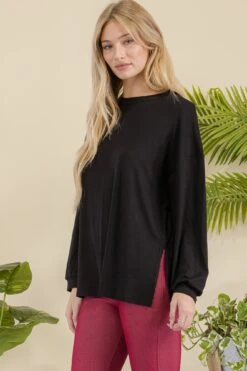 Women's Ribbed Long Sleeves With Side Cut -Selected Women's Clothing Store TP2513 BLK 827JN251 BUG 14