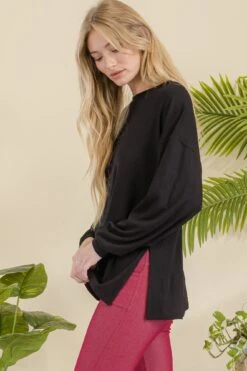 Women's Ribbed Long Sleeves With Side Cut -Selected Women's Clothing Store TP2513 BLK 827JN251 BUG 17