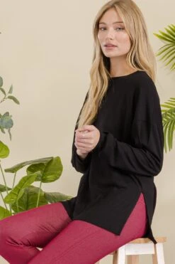 Women's Ribbed Long Sleeves With Side Cut -Selected Women's Clothing Store TP2513 BLK 827JN251 BUG 23