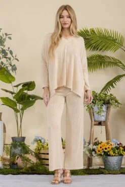Women's Textured Oversize Top And Wide Leg Pants Set -Selected Women's Clothing Store TP2526 827SR018 BEI 2