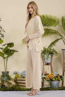 Women's Textured Oversize Top And Wide Leg Pants Set -Selected Women's Clothing Store TP2526 827SR018 BEI 3