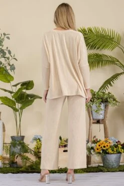 Women's Textured Oversize Top And Wide Leg Pants Set -Selected Women's Clothing Store TP2526 827SR018 BEI 4
